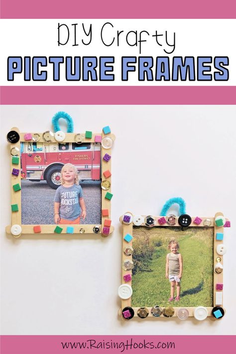 Simple and fun popsicle stick picture frames! A perfect craft for kids to showcase their creativity and treasured moments. Give as a gift to loved ones or display your favorite memories! #diy #pictureframe #picture #craft #kidscrafts #craftsforkids #homeschool #homeschooling Father’s Day Diy Photo Frame, Picture Frames With Popsicle Sticks, Craft Stick Picture Frame, Preschool Picture Frame Craft, Popsicle Photo Frame, Popsicle Stick Picture Frame For Kids, Popsicle Stick Frames For Kids, Diy Picture Frames For Kids, Popsicle Picture Frame