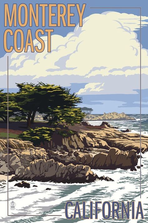 Monterey Coast, California - View of Cypress Trees (Art Prints, Wood & Metal Signs, Canvas, Tote Bag Monterey Bay California, Tree Lanterns, Vista California, California Poster, Surf Poster, Rocky Shore, Cypress Trees, Monterey Bay, Beach Lovers