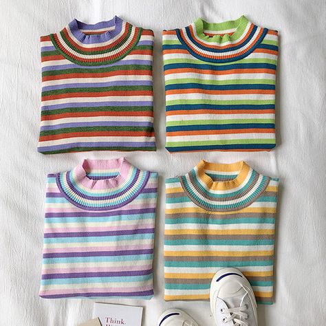 Aesthetic Turtleneck, Stripes Aesthetic, Pastel Clothes, Pastel Outfits, Egirl Fashion, Cute Jumpers, Turtleneck Jumper, Pastel Kawaii, Cottagecore Fashion