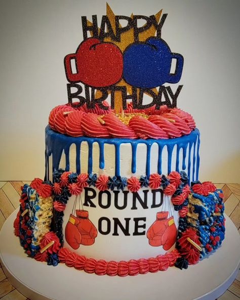 Round One themed boxing birthday cake Round 1 Boxing Birthday Party, Round One Boxing Birthday Party, Boxing Theme Cake, Boxing Birthday Party, Boxing Theme Party Ideas, Boxing Party, Boxing Birthday, Wrestling Party, Party Balloons Diy