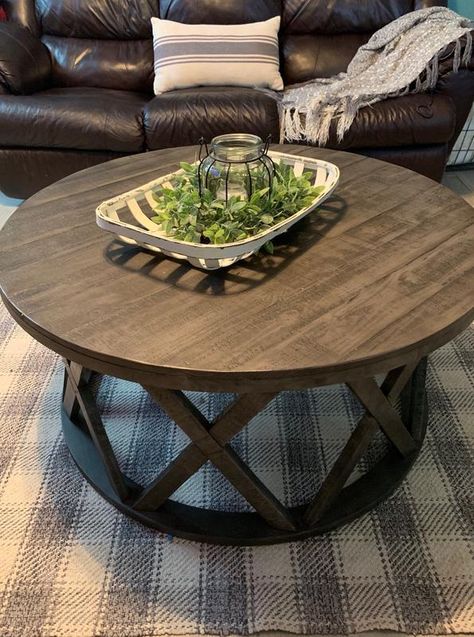 Diy Coffee Table Plans, Round Coffee Table Living Room, Circle Coffee Tables, Trim Ideas, Coffee Table Plans, Farmhouse Coffee Table, Brown Couch, Coffee Table Farmhouse, Ashley Furniture Homestore