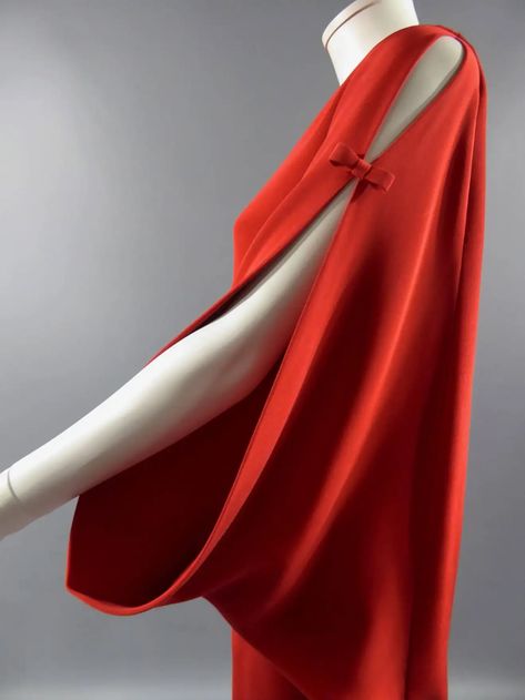 For Sale on 1stDibs - Early 1980. France. Pearly red dress from Pierre Cardin, in polyester satin, inner lining in red viscose. Under skirt held by two black presses inside Motif Soutache, 1980 Dress, Fashion Collection Inspiration, Vintage Hollywood Glamour, Kaftan Designs, Dress Form Mannequin, Under Skirt, Conceptual Fashion, Scarf Women Fashion