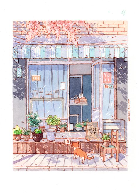 Cafe Inside Drawing, Korean Watercolor, Anime Face Drawing, Loose Watercolor Paintings, Dreamy Artwork, Fancy Art, Japanese Illustration, Architecture Drawing Art, Watercolor Projects