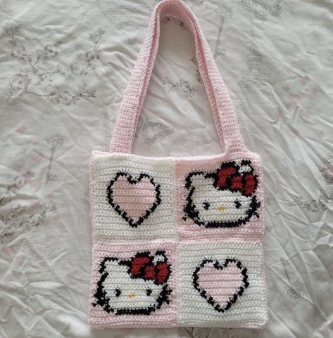 Hello Kitty Purse Crochet Free Pattern, Hello Kitty Tapestry Crochet, Hello Kitty Bag Crochet, Cute Little Crochet Projects, Hello Kitty Crochet Bag, Tapestry Crochet Patterns For Beginners, Crochet Hello Kitty Bag, Crochet School Bag, Crochet Tote Bag Granny Squares