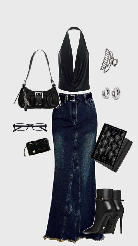 Black cowls neck top, maxi jean skirt, black leather ankle boots, black shoulder bag, silver jewelry Jean Skirt, Fashion Inspo, Outfit Inspo, Black