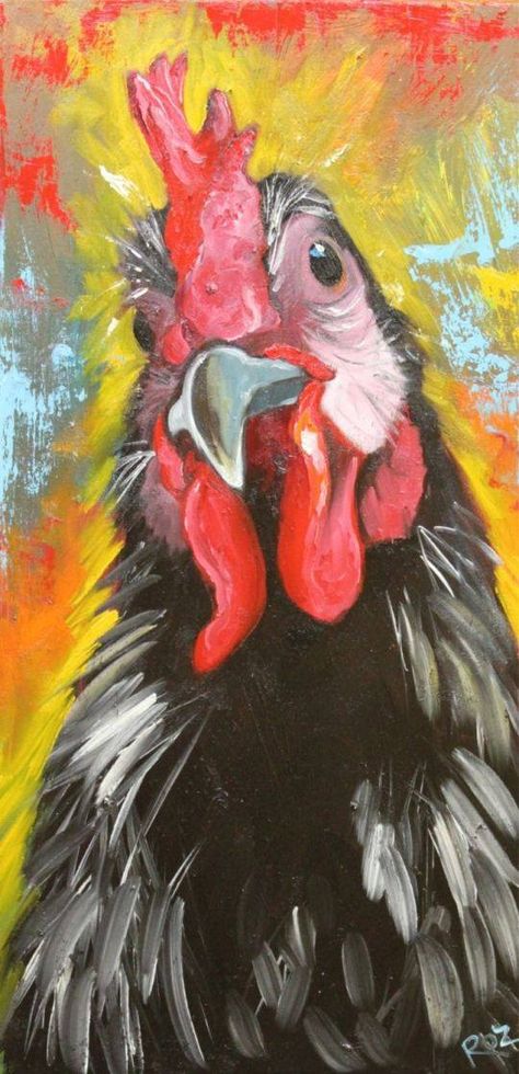 Rooster Painting, Chicken Painting, Rooster Art, Farm Art, Chicken Art, Interior Painting, Tableau Art, Arte Animal, Whimsical Art