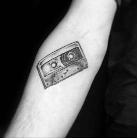 Inner Forearm Small Simple Cassette Tape Tattoos For Men Cassette Tape Tattoo, Cassette Tattoo, Theatre Tattoo, Tape Tattoo, Eye Tattoo Meaning, Cassette Design, Surf Tattoo, Astronaut Tattoo, Tattoo Apprenticeship