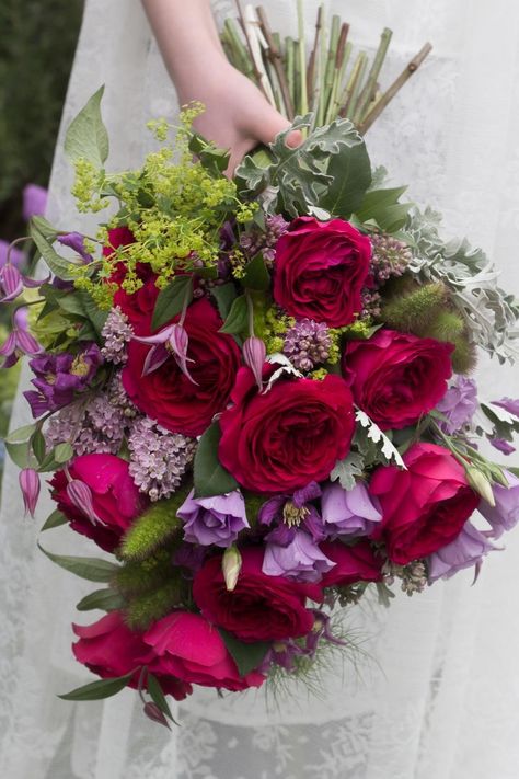 Red Roses And Lavender Bouquet, Red And Purple Bouquet Wedding, Rose And Lilac Bouquet, Red And Purple Bridal Bouquet, Red Roses Wedding, David Austin Wedding, Purple Pink Red Flower Arrangement, Pink Red Purple Floral Arrangement, Susie Cooper