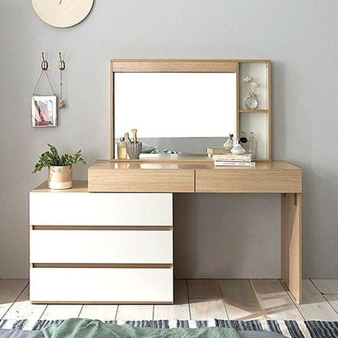 Skin and white wooden dressing table and wall mirror designs with stand and cabinets decor ideas Dressing Table Decor, Aesthetic Interior Design, Dressing Room Decor, Living Room Decor Gray, Dressing Table Design, Table Designs, Bedroom Decor Design, Bed Furniture Design, Minimalist Room