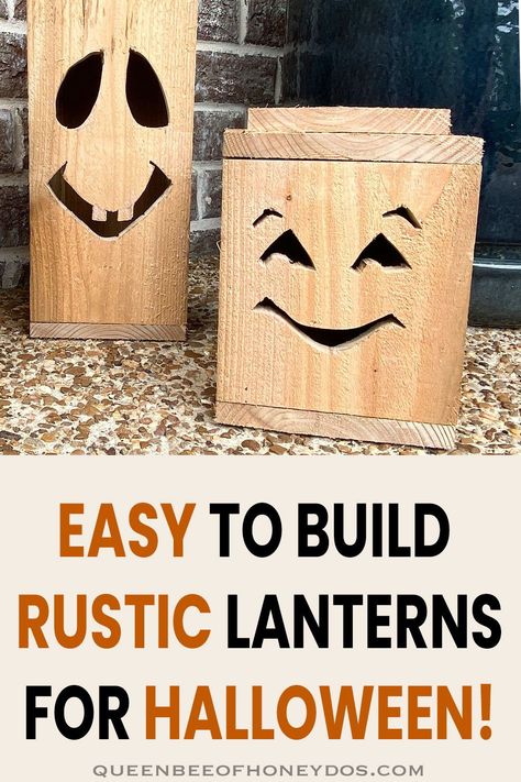 Super cute and easy! These rustic Halloween lanterns can be built in 3 sizes and add a touch of farmhouse to any holiday decor! #Halloween #woodworking #lanterns #pumpkins #decorations Halloween Wood Lanterns, Diy Wooden Halloween Decorations Outdoor, Wooden Jackolantern Diy, How To Make Wooden Pumpkins, Wood Pumpkin Lanterns Diy, Pumpkin Outdoor Decorating Ideas, Halloween Diy Wood Crafts, Halloween Wood Crafts To Sell, Diy Wood Halloween Decorations