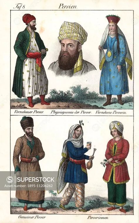 Costumes of high ranking Persian men and women at top, and commoners below. Physiognomy of a Persian man in turban. Handcoloured lithograph from Fried... - SuperStock Persian Men, Medieval Characters, Men Costume, History Of Fashion, Persian Art, Photo Puzzle, Wonderful Images, Picture Library, Firebird