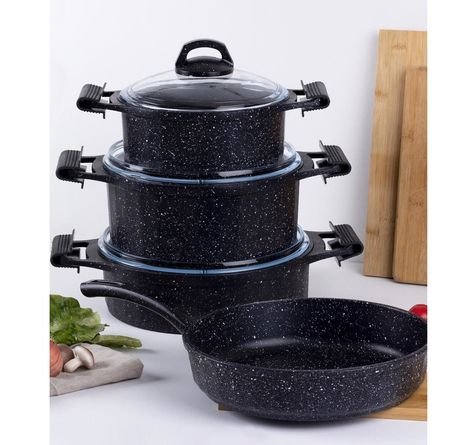 7 Pieces Granite Cookware Set Black Which will double the taste and flavor of your meals; 7 Piece Granite Cookware Set will suit your kitchens very well. It impresses with its fireproof, non-stick and durable structure. The cookware set, which you will admire with its texture and wavy pattern, is designed from quality granite. Robust handles are heat resistant, do not burn hands unless they are in direct contact with fire. Thanks to its unbreakable, durable glass cover, you will be able to easil Non Stick Pan Cookware Set, Non Stick Cookware Set, Non Stick Cookware, Cast Iron Cookware Set, Nonstick Cookware Sets, Wavy Pattern, Kitchen Ware, Cast Iron Cookware, Glass Cover