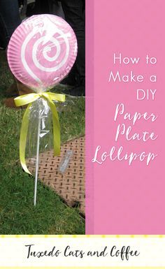 I originally made these paper plate lollipops for my Candyland party, but you could use these cute lollipop decorations for just about any occasion!  All you need is a few paper plates, paint, and ribbon to make this paper plate lollipop. Paper Plate Lollipops, Lollipops Diy, Lollipop Craft, Cute Lollipop, Christmas Candyland, Lollipop Decorations, Giant Lollipops, Candy Decorations Diy, Willy Wonka Party