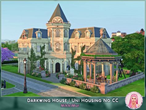 The Sims Resource - Darkwing House University Housing No CC Sims 4 University House, Sims 4 Sorority House, Sims 4 University Housing, University Sims 4, Sims 4 University, Fantasy Builds, Fantasy Buildings, The Sims 4 Lots, University Housing