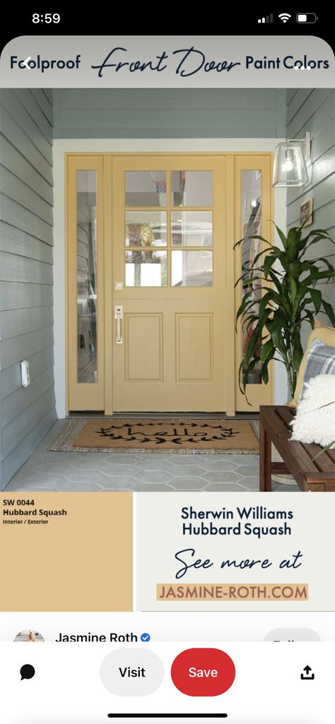 Light Yellow Front Door, Green House Yellow Door, Pale Yellow Front Door, Yellow Exterior Door, Yellow Door Exterior, Yellow Exterior House Colors, Yellow Front Door, Foyer Paint, Green Grey Paint