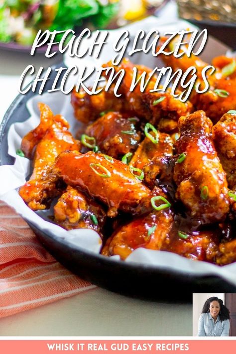 PEACH GLAZED CHICKEN WINGS IN A SKILLET. Chicken Wing Sauce Recipes, Sticky Wings, Peach Chicken, Peach Sauce, Glazed Chicken Wings, Wing Sauce Recipes, Glazed Chicken, Best Dinner Recipes, Chicken Wing Recipes