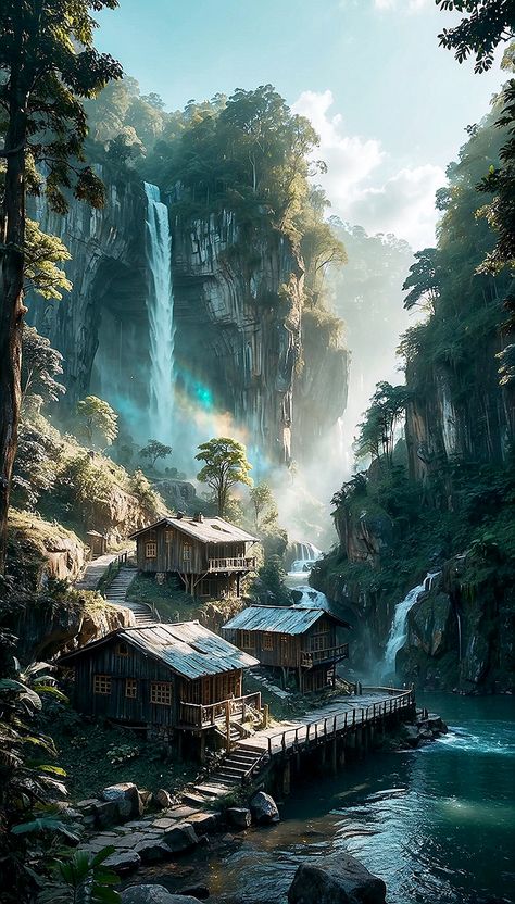 Marsh Village Fantasy Art, Fantasy Ocean Village, Blender Environment, Jungle Village, Pirate Island, Jungle House, Mystical Animals, Surreal Photos, Fantasy Island