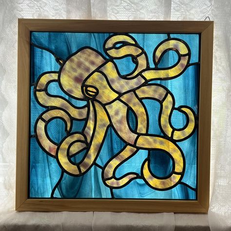 This stylized blue ring octopus stained glass panel is headed to the Pittsburgh Ren Faire …unless it’s meant to be yours between now and Tuesday the 20th at midnight. $895, and delivery to either the Pittsburgh show or the OH Ren faire is free when a piece has been paid for in full 😉 #msotherdenartglass #stainedglass #stainedglasswindow #artisan #glassartist #artisanmade #stainedglassartist #rennaissancefaire #pittsburghren #ohiorenaissancefestival #ohiorenfest #pittsburghrenaissancefestival... Octopus Stained Glass Pattern, Stained Glass Octopus, Blue Ring Octopus, Meant To Be Yours, Octopus Art, Blue Ring, Stained Glass Panel, Glass Ideas, Glass Panel