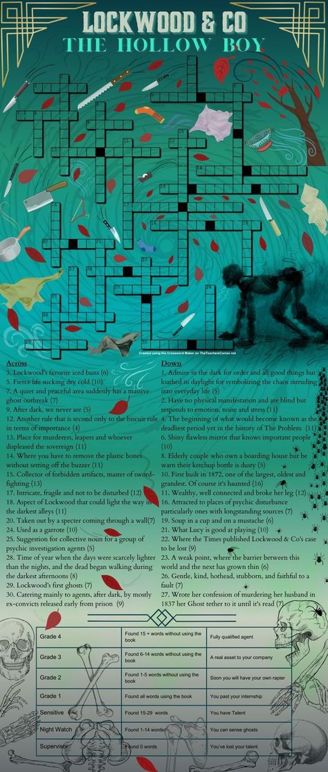 Lockwood & Co by Jonathan Stroud, Book 3: The Hollow Boy Crossword puzzle! How well do you know the book? #LockwoodandCo #SaveLockwoodandCo Answer Key and Printer Friendly version found in the Quizes and Puzzle board Jonathan Stroud, Lockwood And Co, The Hollow, Puzzle Board, Crossword Puzzle, Did You Know, Printer, Key, Books