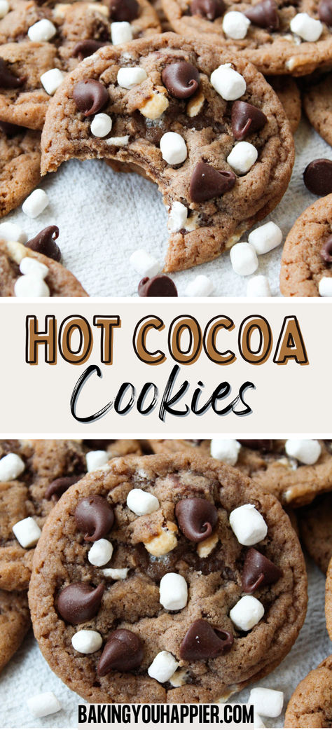 Hot Cocoa Cookies, the original recipe for Hot Cocoa Cookies found on the back of the Jet-Puffed Marshmallow Bits container! Cookies With Fluff, Recipes Using Hot Cocoa Powder, Hot Coco And Marshmallow Cookies, Chewy Hot Cocoa Cookies, White Hot Chocolate Cookies, Chocolate Cookie With Marshmallow On Top, Cookie Exchange Cookie Recipes, Christmas Cookies Hot Cocoa, Hot Cocoa Cup Cookies