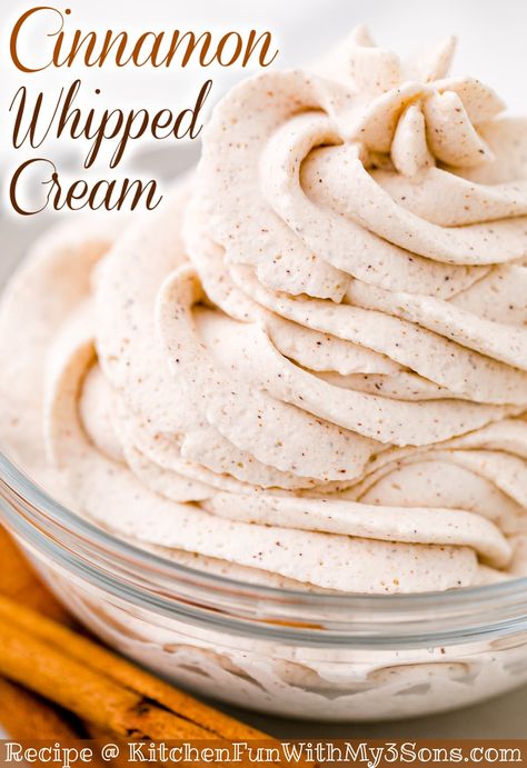 Cinnamon Whipped Cream is a flavored homemade whipped topping that can go on all kinds of Fall and Thanksgiving desserts. This easy whipped cream recipe is a combination of heavy cream, powdered sugar, vanilla, and of course cinnamon! Whipped Cream Cheese Recipes, Easy Whipped Cream Recipe, Homemade Whipped Topping, Pumpkin Whipped Cream, Philly Cheesecake, Cinnamon Whipped Cream, Pumpkin Rice Krispie Treats, Cinnamon Bread Easy, Dinners Ideas