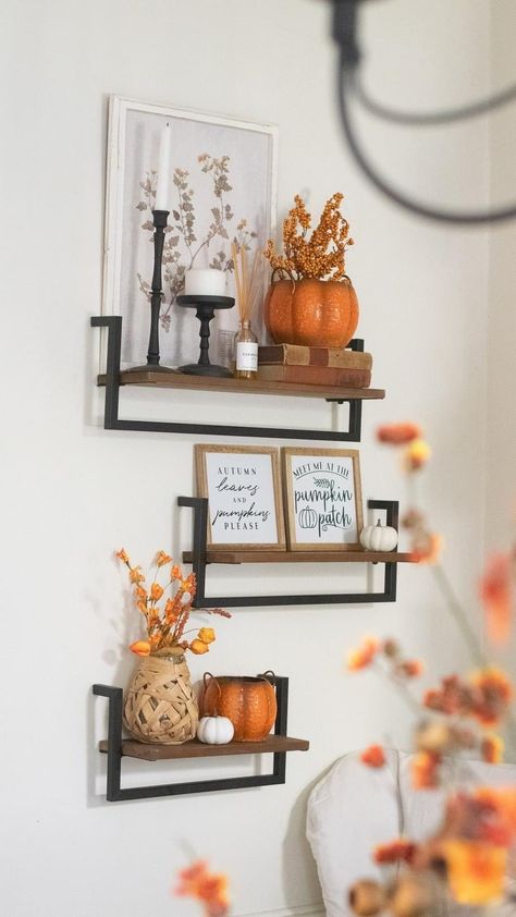 Potluck Decor, Autumn Craft, Easy Fall Decor, Wall Shelf Decor, Decor Steals, Candle Displays, Floating Wall Shelves, Industrial Shelving, Fall Halloween Decor