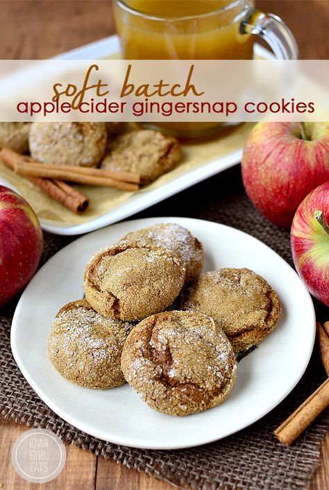 Soft Batch Apple Cider Gingersnap Cookies are soft, chewy and apple-cider spiked! Soft Gingersnaps, Apple Cider Desserts, Cider Cookies, Soft Batch, Gingersnap Cookies, Fall Fun Food, Desserts Snacks, Cider Recipe, Iowa Girl Eats