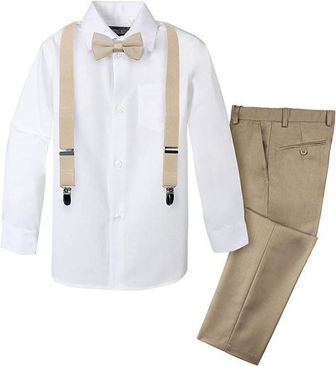 Suit With Suspenders, Decoration Communion, Baby Boy Suspenders, Tan Dress Shirt, Black Braces, Suspenders Outfit, Quincenera Dresses, Wedding Outfit For Boys, Suspender Jeans