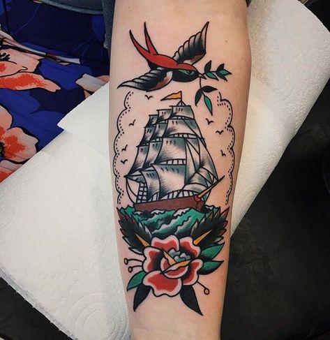 9 Stunning Ship Tattoo Ideas, Designs and Meaning | Styles At Life Traditional Ship Tattoo, Nerd Tattoos, Tattoo Mistakes, Boat Tattoo, Sailor Tattoos, Sailor Jerry Tattoos, Tattoo Old School, Traditional Tattoo Sleeve, Nautical Tattoo