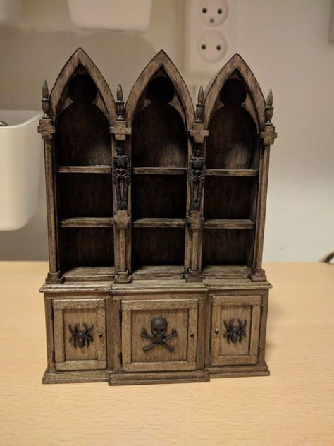 Miniature Gothic Bookcase Gothic Dolls House Furniture, Gothic Miniatures Doll Houses, Gothic Dollhouse Furniture, Gothic Doll House Diy, Gothic Dollhouse Diy, Gothic Dolls House, Gothic Miniatures, Gothic Bookcase, Miniature Apothecary