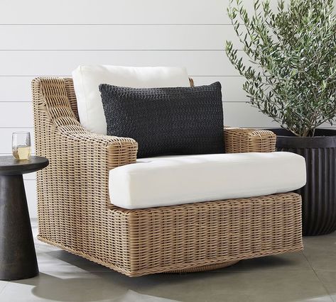 Swivel Patio Chairs Outdoor, Pottery Barn Outdoor Furniture, Pottery Barn Outdoor, Outdoor Furniture Fabric, Wicker Lounge Chair, Outdoor Swivel Chair, Lounge Chair Cushions, Wicker Patio Furniture, Outdoor Furniture Collections