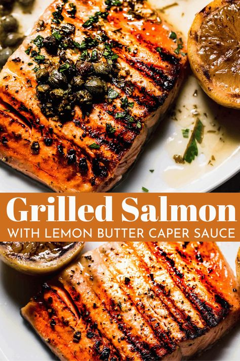 Easy Grilled Salmon with Lemon Butter Sauce. Salmon filets are grilled until tender and flaky & served with a delicious lemon caper sauce! Salmon With Lemon Butter Sauce, Bbq Salmon Recipes, Easy Grilled Salmon, Cook Frozen Salmon, Lemon Butter Caper Sauce, Lemon Butter Salmon, Salmon With Lemon, Capers Recipe, Salmon Filets