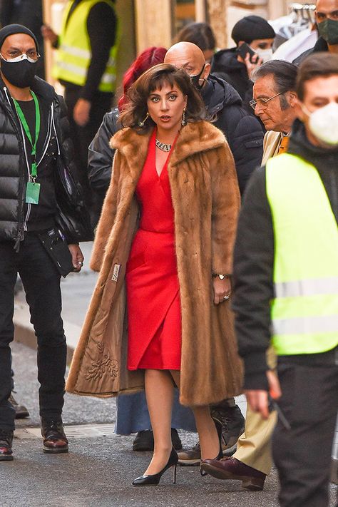 House Of Gucci Lady Gaga, Lady Gaga House Of Gucci, Lady Gaga Photoshoot, The House Of Gucci, European Winter, Look 80s, House Of Gucci, Belted Wrap Coat, Lacey Dress