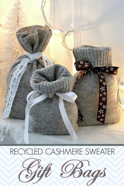 Recycled Cashmere Sweater Christmas Stocking & Gift Bags | Grateful Prayer | Thankful Heart Handmade Sweater As Winter Gift, Cloth Gift Bags, Christmas Stockings Made From Old Sweaters, Christmas Stocking Made From Old Sweater, Sweater Christmas Stockings, Christmas Tote Bag As Gift, Recycled Wool Sweater Bag, Christmas Tree Cupcakes, Christmas Stocking Gifts