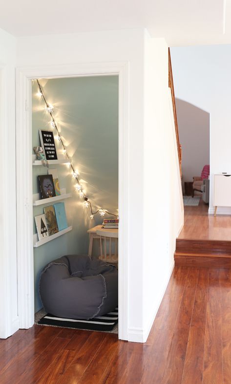 #ad Turn a closet under the stairs into a cute reading space for kids, with @HomeDepot. #HomeDepot Under Stairs Playroom, Space Saving Ideas For Home, Closet Nook, Under Stairs Nook, Kids Nook, Room Under Stairs, Stair Nook, Space Under Stairs, Closet Under Stairs