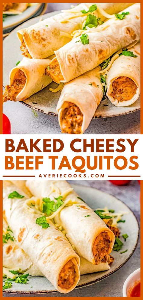 Easy Taquitos, Ground Beef Taquitos, Smothered Beef Burritos, Beef Taquitos, Taquitos Beef, Taquitos Recipe, Averie Cooks, Ground Beef Tacos, Baked Cheese