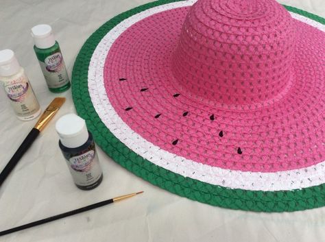 Painting some new summer accessories like a wide-brimmed hat and flip-flops with Testors craft paint can be a fun project as each summer can have a new theme and color scheme – this year it i… Straw Hat Diy, Straw Hat Crafts, Watermelon Festival, Diy Hats, Painted Hats, Brimmed Hat, Craft Paint, Paint Can, Diy Hat