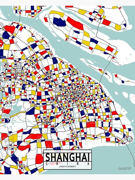 "Shanghai, China City Map - Mondrian" Poster by deMAP | Redbubble Shanghai Map, Shanghai City, China City, China Map, Shanghai China, Dutch Painters, City Maps, City Map, Shanghai