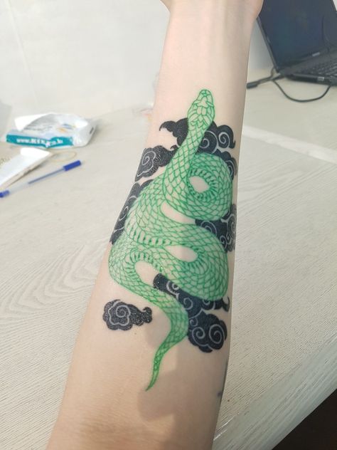 Green snake with black clouds Green Snake Tattoo Design, Green Sleeve Tattoo, Green Tattoo Aesthetic, Green Tattoo Sleeve, Green And Black Tattoo, Green Snake Tattoo, Green Dragon Tattoo, Green Ink Tattoo, Green Tattoo Ink