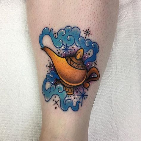 Magic Lamp Genie Lamp Tattoo, Genie Tattoo, Aladdin Tattoo, Disney Inspired Tattoos, Disney Sleeve Tattoos, House Of Mouse, Lamp Tattoo, Tattoo Disney, Hp Tattoo