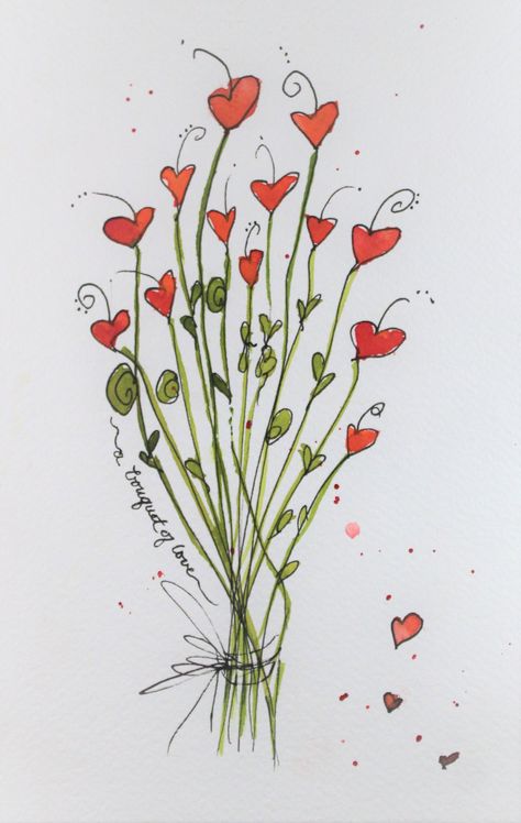 Heart Bouquet Drawing, Anniversary Watercolor Painting, Water Colour Wedding Card, Watercolor Art For Boyfriend, Watercolor Love Paintings, Watercolor Valentines Cards, Watercolour Valentines, Valentines Day Crafts For Adults, Bouquet Drawing