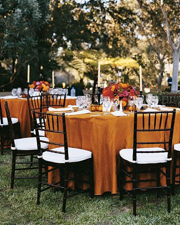 Fall Wedding Reception Decorations, Fall Wedding Tables, Autumn Wedding Reception, Orange Table, Wedding Table Linens, Fall Table Settings, Fall Wedding Decorations, Outdoor Wedding Decorations, Martha Stewart Weddings