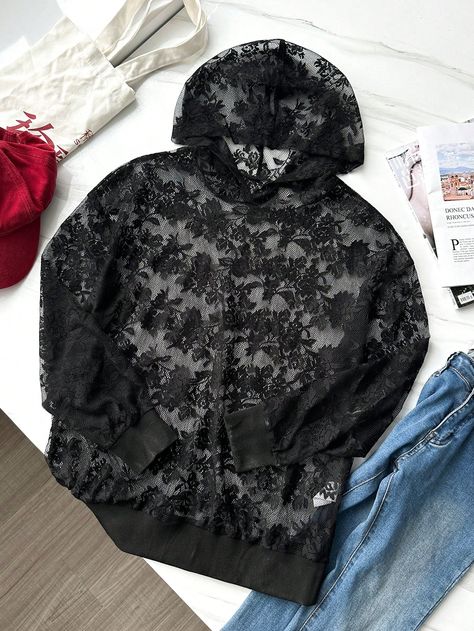 Floral Lace Drop Shoulder Hoodie Black Casual  Long Sleeve Lace Plain Pullovers Non-Stretch  Women Clothing, size features are:Bust: ,Length: ,Sleeve Length: Drop Shoulder Hoodie, Black Casual, Long Sleeve Lace, Black Hoodie, Drop Shoulder, Floral Lace, Women Clothing, Sweatshirts Women, Sweat Shirt