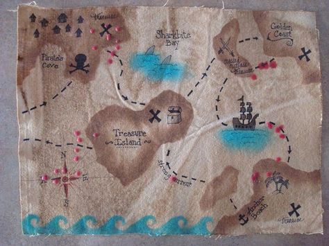 The Most AMAZING customized Pirate Treasure map that I have ever come across.  This is from a shop on Etsy by Mayasmomma.  Our Map was so chock full of customizations, that I will have to break out an actual photograph of it. Pirate Items, Kids Church Rooms, Pirate Box, Pirate Props, Pirate Map, Pirate Party Favors, Pirate Treasure Maps, Pirate Gifts, Pirate Decor