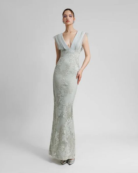 for wedding Dress With Draping, Draped Neckline, Necklines For Dresses, Embroidery Dress, One Piece Swimwear, Embroidered Lace, Gray Dress, Formal Occasion, V Shape