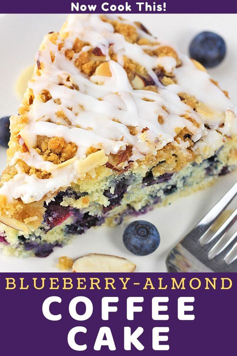 This easy Blueberry-Almond Coffee Cake is moist, delicious, and bursting with fresh blueberries...and it's topped with a sweet and crunchy almond streusel and drizzled with an almond glaze! Whether you enjoy it for breakfast, brunch or dessert, it's perfect paired with a cup of coffee or tea! #blueberryalmondcoffeecake #coffeecake #blueberrycoffeecake #blueberry Almond Coffee Cake Recipes, Almond Coffee Cake, Almond Glaze, Almond Coffee, Blueberry Coffee Cake, Blueberry Coffee, Coffee Cake Recipe, Breakfast Sweets, Easy Blueberry