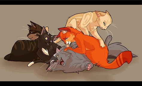 Sandstorm, Firestar, Graystripe, Ravenpaw, and Dustpelt. Warriors Memes, Draw Cats, Warrior Cat Memes, Warrior Cats Comics, Warrior Cats Series, Serval Cats, Herding Cats, Warrior Cats Books, Cat Drawing Tutorial