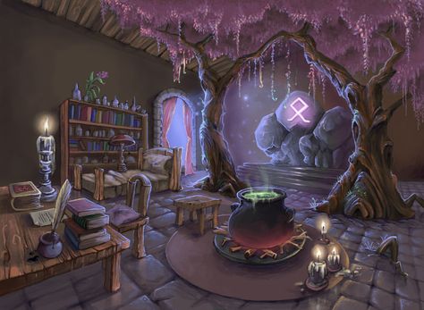 ArtStation - A Wizard's Living Room, Stefanie Arndorfer Magic Room Fantasy Art, Witch House Concept Art, Room Fantasy Art, Witches Room, Dnd Room, Fantasy Room, Casa Fantasy, Witch Room, Fantasy Witch