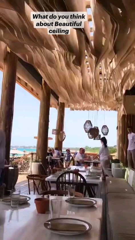 Beach In Greece, Fabric Ceiling, Ceiling Installation, Unique Beach, Installation Design, Restaurant Interior Design, Beer Garden, Roof Design, Restaurant Interior