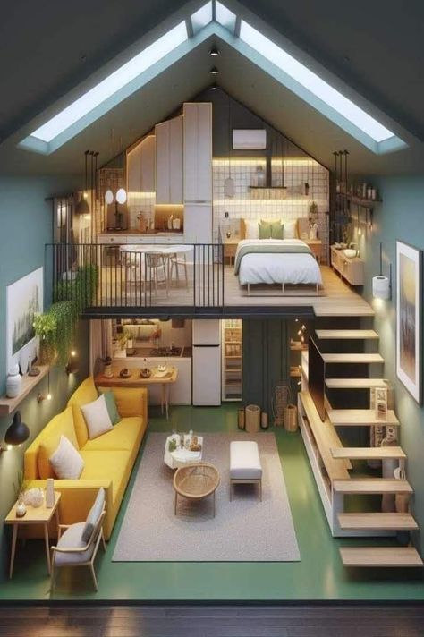 Mezzanine House Design, Loft Type House, Small Loft Apartment, Building A Wooden House, House Community, Tiny Loft, Tiny House Luxury, Modern House Floor Plans, Casa Loft